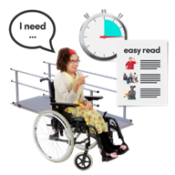 Lady in wheelchair with Easy Read document