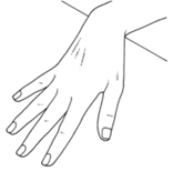 Illustration of forearm on table, hand hanging off the edge