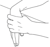 Illustration of forearm on table, hand relaxed down beyond table edge. The other hand is pushing the affected hand down further