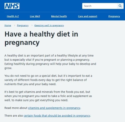 Screen shot of NHS site on healthy diet in pregnancy