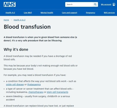 Screen shot of NHS blood transfusion page